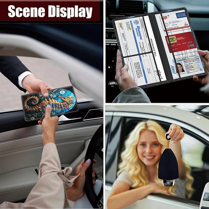 Car Registration and Insurance Holder, PU Leather Auto Document Holder for Men&Women, Vehicle Glove Box Compartment Organizer with Magnetic Shut for Driver's License, Vintage Seahorse Pattern