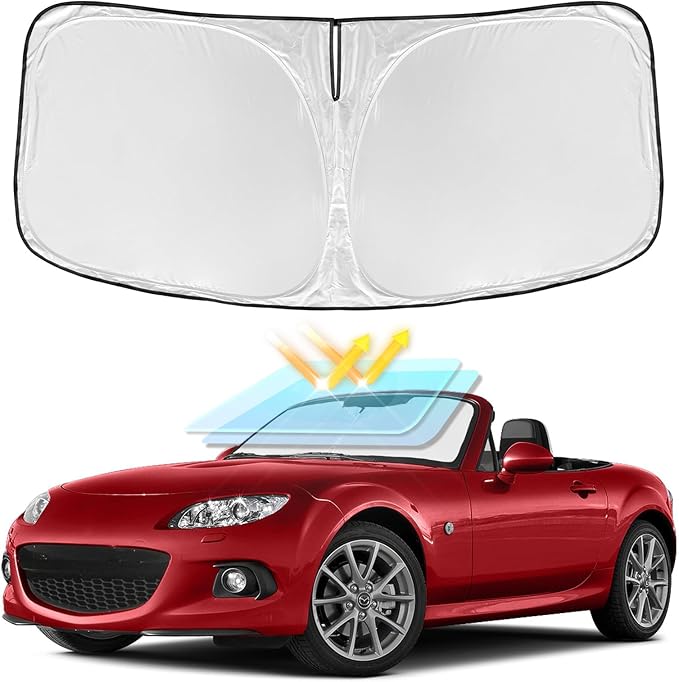 for Mazda MX-5 Miata Convertible 2016-2025 Windshield Sun Shade - 4 Layers Car Sunshades for Front Windows Shade Cover Custom Fit MX-5 Sun Visor 240T Retractable Shade Blocks UV Rays Car Accessories