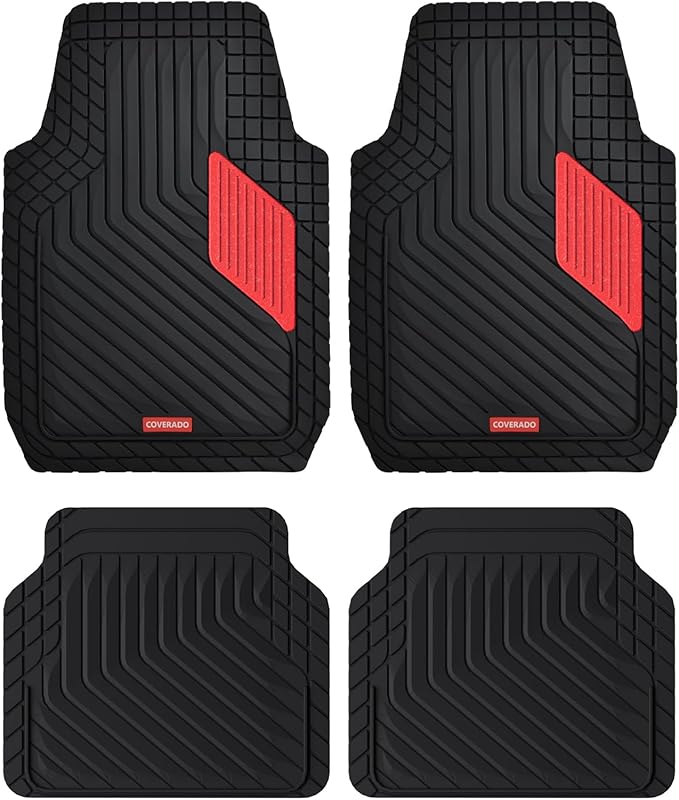 Coverado Heavy-Duty PVC Car Floor Mats Full Set – Red Metallic Heel Pad, All-Weather Protection for Front & Rear, Non-Slip Backing, Easy-to-Clean Liners, 4 Pcs