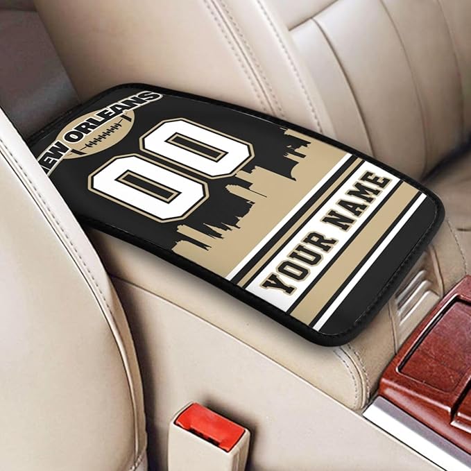 Custom New Orleans Car Armrest Covers Personalized Football Style with Name Number Customized Auto Center Console Pad Car Handrail Box Cushion for Most Vehicle Decor Accessories, Fans Gift