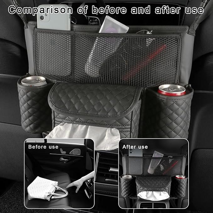Car Purse Holder Between Seats, Luxury Leather Front Seat Back Handbag Organizer with Tissue Box Cup Holders, Auto Large Capacity Multi Pocket Purse Holder Hanging Storage Bag (Black)