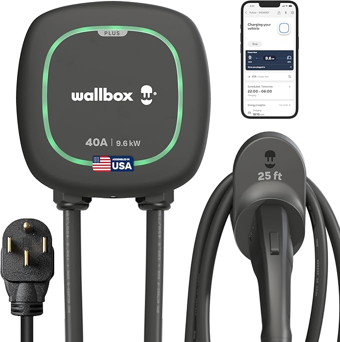 Wallbox Pulsar Plus Level 2 Electric Vehicle Smart Charger - 40 Amp, Ultra-Compact, WiFi, Bluetooth, Alexa/Google Home, UL Certified, 25ft Cable, Indoor/Outdoor EVSE, Assembled in USA