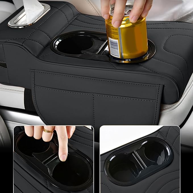 Car Armrest Box Mat, 5-in-1 Center Console Cover Cushion with Cup Holder Tissue Slot, Universal PU Leather Car Box Pad for Sedans Car Accessories Interior Organizers (Multi A01)
