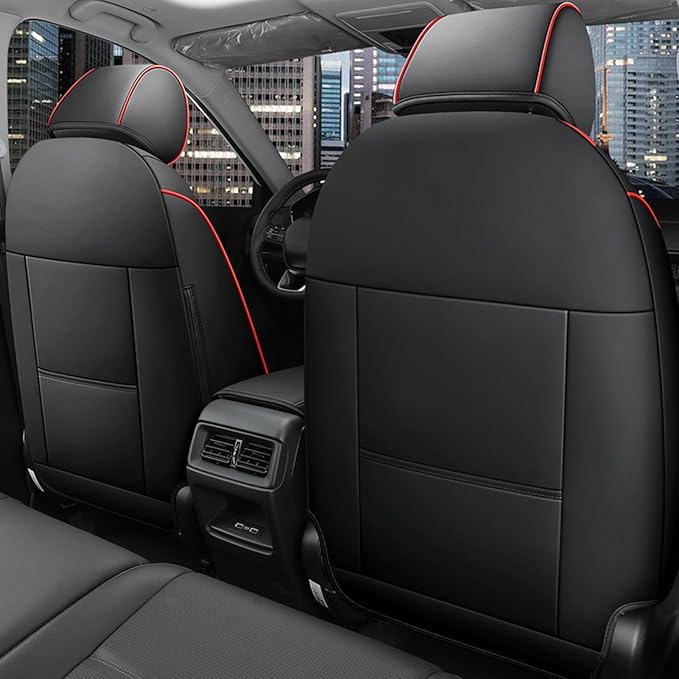 HKZ Fit CRV Car Seat Covers Full Set for Honda CR-V 2012 2013 2014 CRV LX;EX;EX-L Model - Leather (Black with Red Trim)