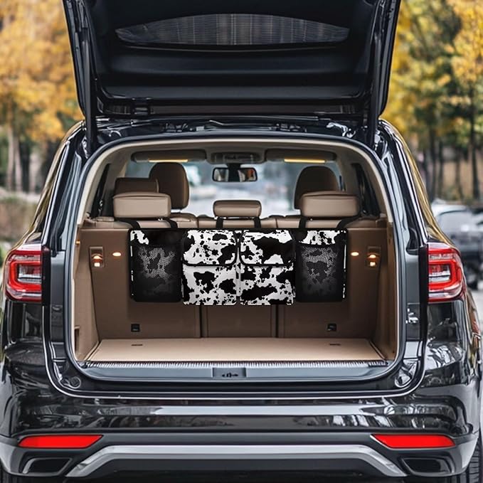 Cow Print Car Trunk Organizer and Storage Backseat Hanging Organizer, Washable Car Accessories Oxford Cloth Space-Saving Backseat Car Organizer for SUV/MPV/Truck/Sedan/Van