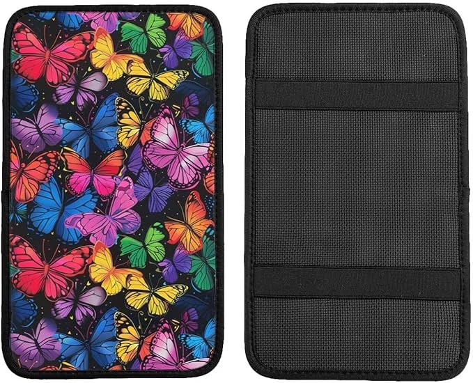 Colorful Butterfly Center Console Cover Butterflies Arm Rest Covers Armrest Pad Lid Cushion Pads for Most Vehicle, SUV, Sedan Animal Pink Blue Cars Accessories