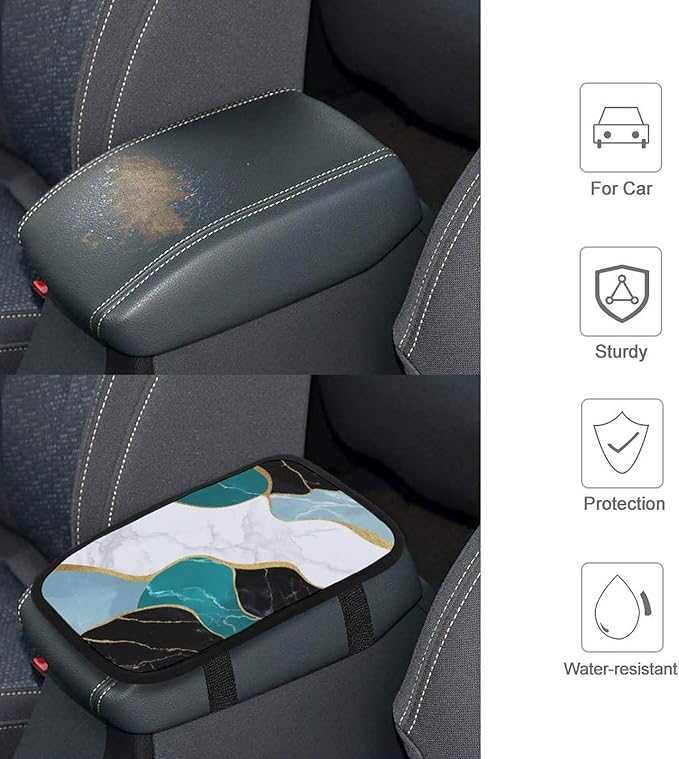 Auto Center Console Cover Non-Slip Car Armrest Cushion Cover Blue Turquoise Gray White Gold Black Marble Arm Rest Box Pad Auto Interior Accessories for Most Cars Vehicles