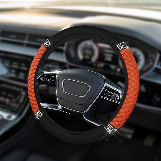 Car Steering Wheel Cover, Steering Wheel Accessories, Breathable Microfiber Leather Auto Wheels Protector, Universal 15 Inch Anti-Slip Protector for SUV Sedan Truck (Bling-Orange)