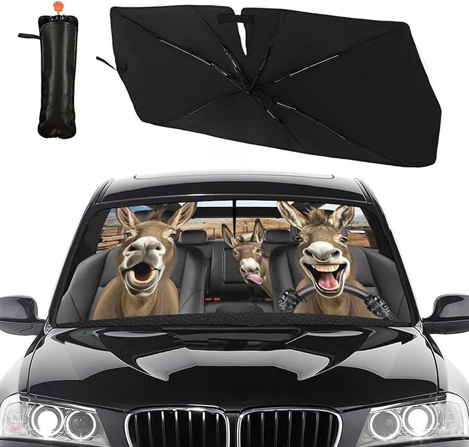 DOPINDU Funny Donkey Car Windshield Sun Shade Umbrella Bendable Handle Foldable Funny Sunshade for Car Windshield Block UV Rays Keep Vehicle Cool for Most Sedans SUV Trucks Cars 57"x30"