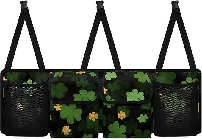 CLOHOMIN Green Leaves Car Trunk Organizers for Women Men Car Trunk Mesh Storage St. Patrick's Day Backseat Hanging Organizer Large Capacity Cargo Storage Organizer with 4 Pockets