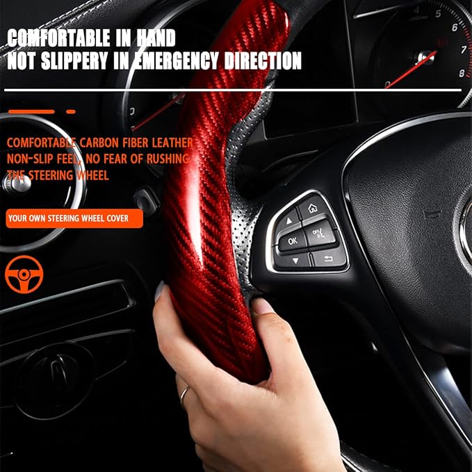Steering Wheel Cover, 2PCS Segmented Steering Wheel Protector, Carbon Fiber Anti-Slip and Durable Car Accessory, Universal Fit for Most Cars，SUVs (Carbon Fiber Red)