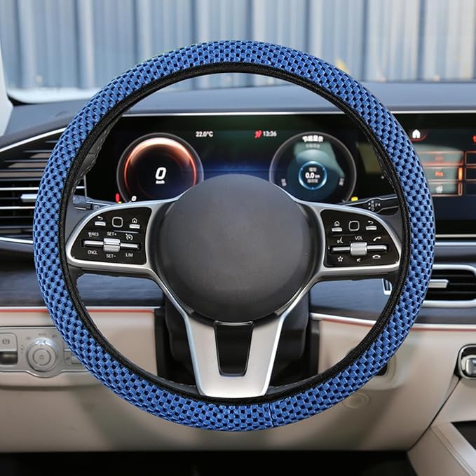 Elastic Stretch Steering Wheel Cover, Anti-Slip 15 inch Microfiber Odorless Breathable Ice Silk Car Steering Wheel Protector, Easy Carry, Warm in Winter & Cool in Summer (Blue)