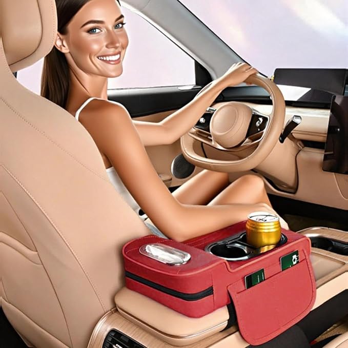 LAFANDE Car Armrest Cushion | Heightening Pad Arm Rest for Car, Center Console Cover with Storage Bags Cup Holder, Tissue Box Slot, Easy to Install and Clean