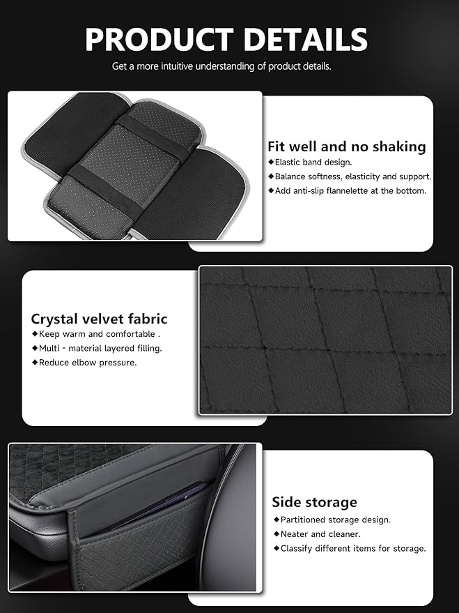 Cxtiy Universal Car Center Console Cover - Plush Leather Dog Scratch Proof Armrest Pad with 2 Side Storage Pockets, Soft Cushion for Car Interior Accessories (Black)