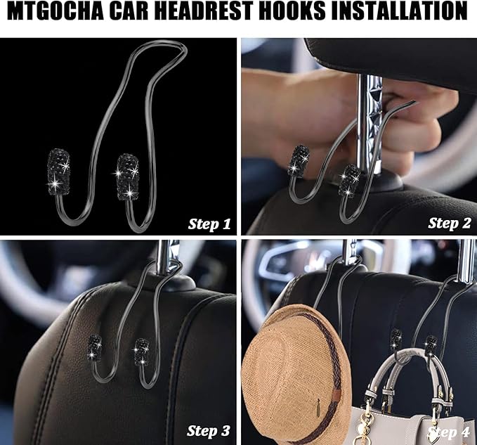 MTGOCHA Car Headrest Hooks Car Purse Hook(2 Pack),Bling Car Bag Hooks, Car Hook for Purses and Bags Cute Metal Car Purse Holder Hook, Bling Car Accessories for Women, Electroplating Black