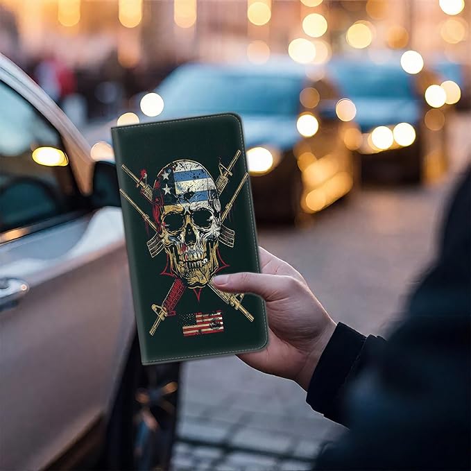 Car Registration and Insurance Card Holder for Women Men, Waterproof PU Leather Glove Box Car Organizer with Magnetic Shut, Vehicle Document Holder for Driver License,Cards, Skull with American Flag