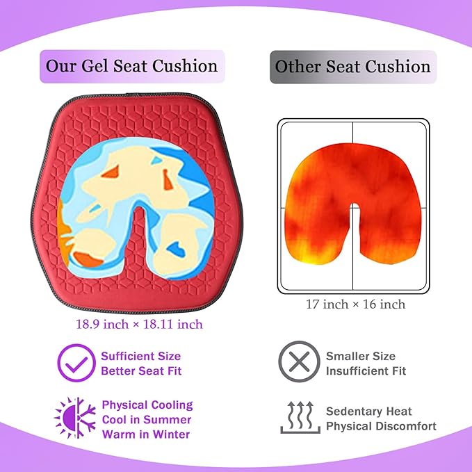 Thin Premium Gel Seat Cushion for Car Seat, Office Chair, Wheelchair, Golf Cart - Non-Slip Car Seat Cushions with 0.7 Inch Gel - Sciatica & Coccyx Pain Relief (Suede, Red)