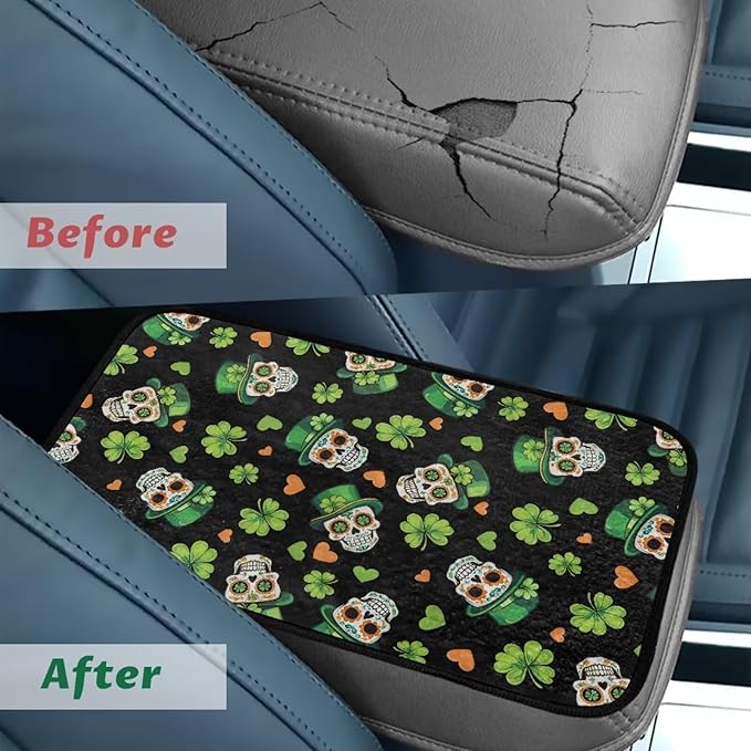 Bulopur St. Patrick's Skull Car Center Console Cover Protector Arm Rest Car Flannel Comfortable Auto Armrest Console Accessories Universal Fit Most Cars Women Men