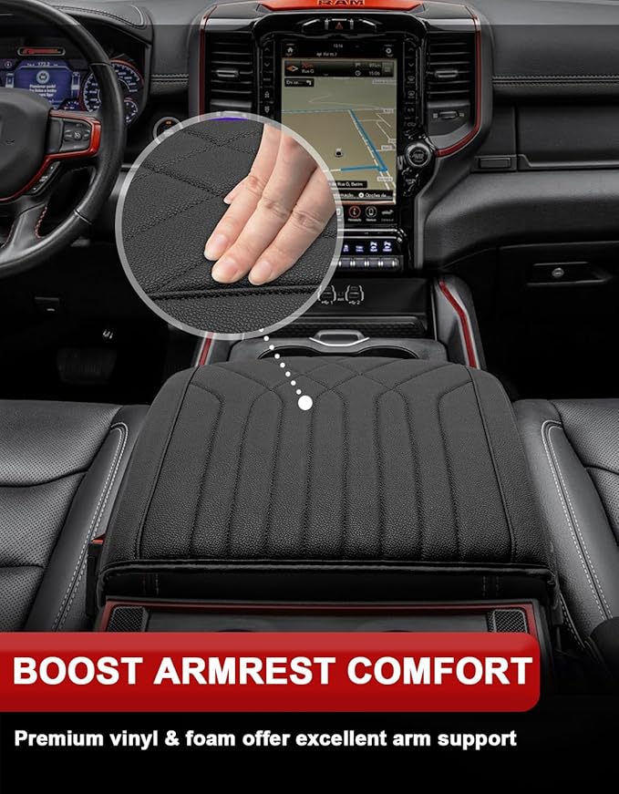 KBH Center Console Armrest Cover for 2019-2026 Dodge Ram 1500 2500 3500 5th Gen, Arm Rest Cushion Pad Protector, Vinyl Leather, Black (Fits Bucket Seat Only)