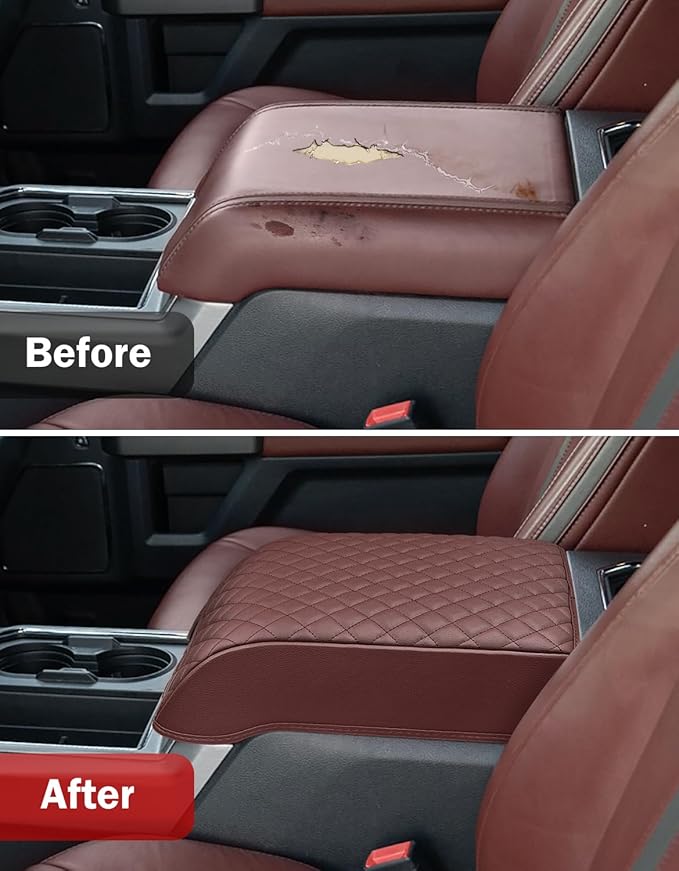 KBH Center Console Armrest Cover for 2018-2020 Ford F150, 2017-2022 F250-F450, 2018-2024 Expedition, Bucket Seat, PU Leather Cushion Pad, Anti-Scratch, Dark Marsala Brown (Not for Other Years)