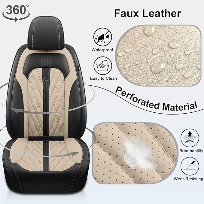 Seat Covers for Car Full Set Fit For Hyundai Accent 2017-2026 Leather Seat Covers Breathable Waterproof Seat Protectors Automotive Seat Cushion with Airbag Compatible (5 Seats, Black&Beige)