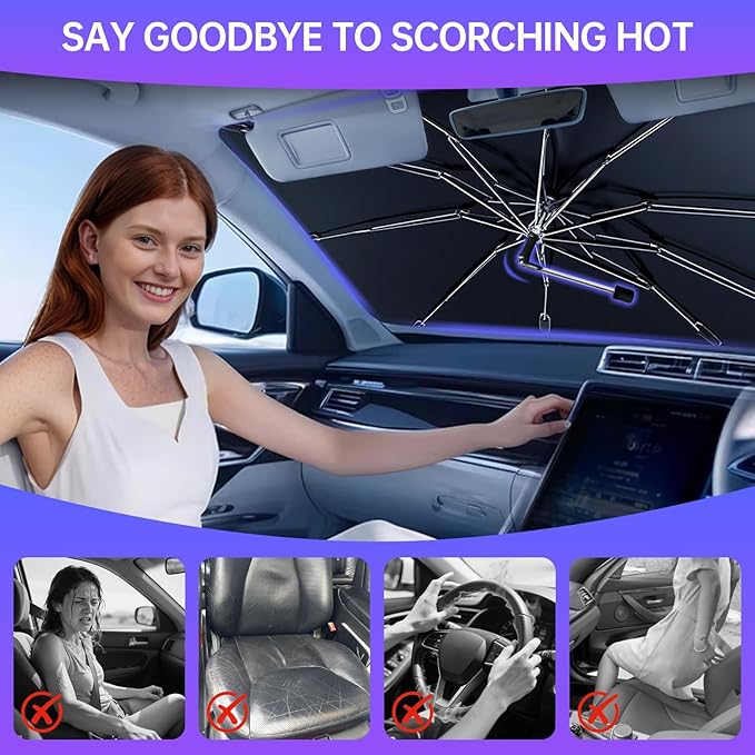 2025 Windshield Sun Shade Umbrella, Foldable Car Sunshade for Mid-Size Sedan, 360 Rotating Automotive Interior Sun Protection for 99% Heat UV Blocking, Auto Heat Shield Accessories(Medium)