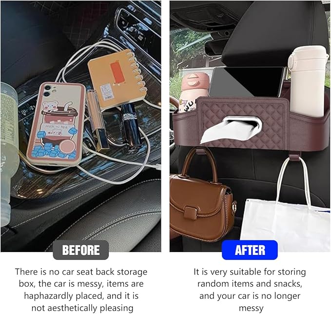 Mandark Car Headrest Backseat Organizer, Multifunctional Vehicle Seat Back Storage Box with Drink Cup Holder and Hooks, Automotive Travel Accessories, Universal for SUV, Sedan, Truck (Brown)