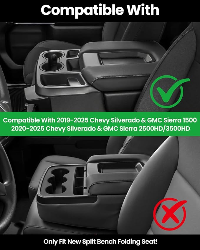 Wexyldra Center Console Organizer, 2PCS Storage Tray Compatible with 2019-2025 Chevy Silverado/GMC Sierra 1500 & 2020-2025 Chevy Silverado/Sierra 2500HD 3500HD (Split-Bench Folding Seat)-Black