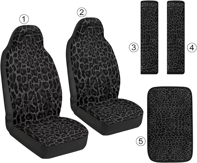 Qeluxign Leopard Print Car Seat Covers 2 Front Seats Universal Fit Center Console Protector Auto Seat Belt Cover Against Stains, Spills, Dust Car Interior Accessories 5 Piece Set