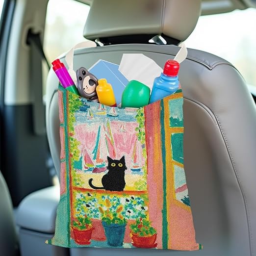 Pykfrhh Black Cat Car Trash Bag, Car Trash Bag Hanging, Waterproof Cars Back Seat Hanging Organizer and Storage Trash Bags for Vehicle Travelling Camping Fantasy Art Decor