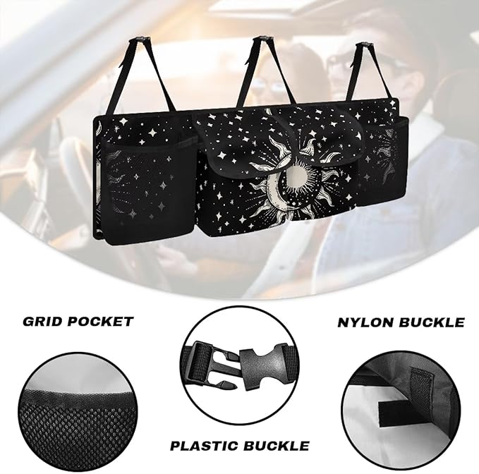 Sun and Moon Car Trunk Organizer, Auto Backseat Hanging Organizer,Equipped with Robust Elastic Net, Car Trunk Tidy Storage Bag with Lids,Space Saving Expert