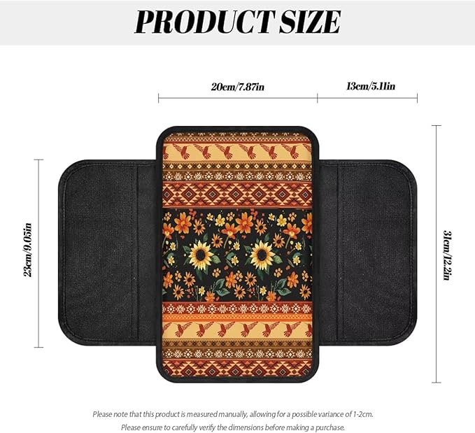 Dreaweet Sunflower Aztec Print Center Console Cover for Car with Storage Pockets,Universal Arm Rest Cover for Car SUV Truck,Car Armrest Cover Center Console