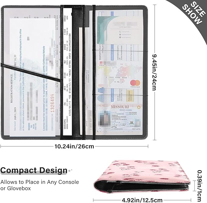 ALAZA Pink Flowers Floral Car Registration and Insurance Card Holder Vehicle Glove Box Car Organizer Driver License Documents Holder Waller Case Organizers