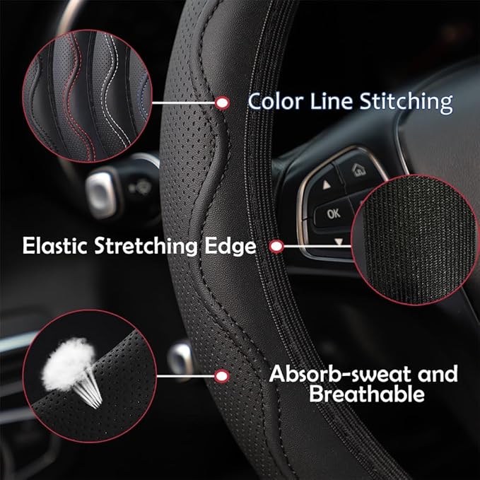 Elastic Steering Wheel Cover Universal 14-15 inch Stretch Car Steering Wheel Covers Microfiber Leather Breathable Anti-Slip Durable Without Inner Ring Steering Wheel Protective - Black