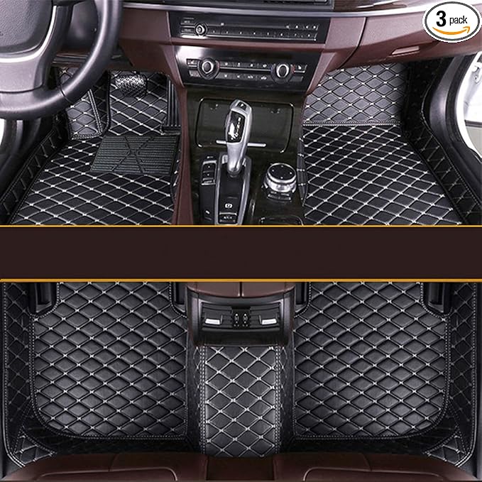 KaiLaiCarCustom Automotive Car Floor Mats for 99.99% Sedan SUV Sports Car Men Women Protection Full Coverage Pads Anti-Slip Leather Floor Lining… (Black Mat Beige Line)
