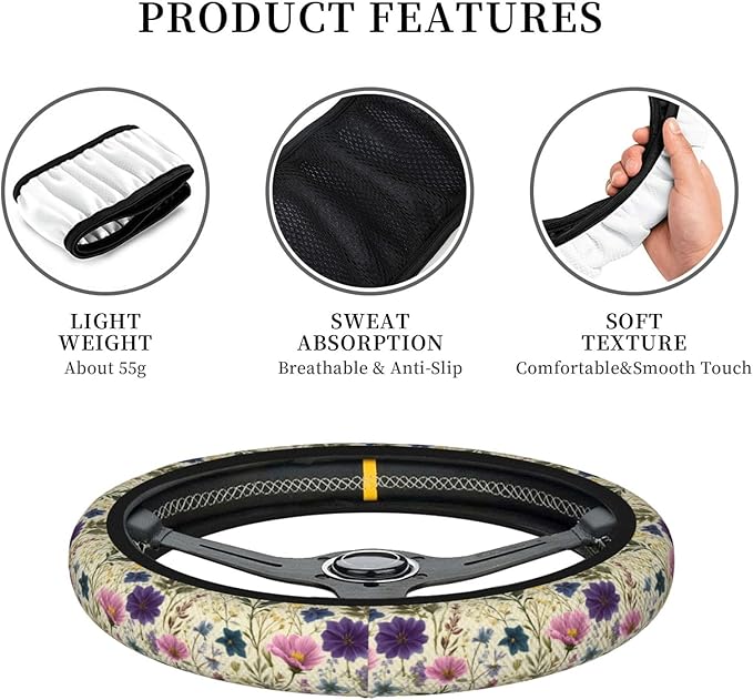 Wildflower Yellow Purple Steering Wheel Cover For Women Men Universal Car Interior Accessories Decor Thickened Anti-Slip Auto Steering Wheel Covers Protector Fit 15 Inch For Cars Truck Suv