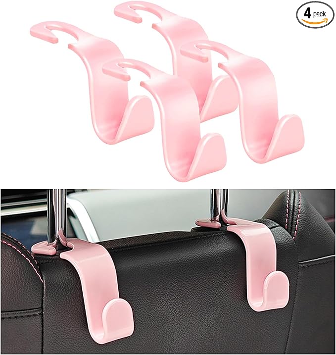 Ziciner 4 PCS Car Seat Headrest Hooks, Backseat Hangers Storage Organizer, Universal Car Accessories for Purse Grocery Bags Coats (Light Pink)
