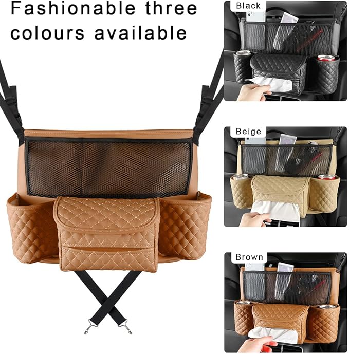 Car Purse Holder Between Seats, Luxury Leather Front Seat Back Handbag Organizer with Tissue Box Cup Holders, Auto Large Capacity Multi Pocket Purse Holder Hanging Storage Bag (Brown)