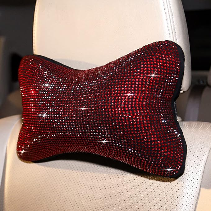 2 Pack Women Neck Pillow for Car Seat Driving Girl Burgundy Red, Auto Seat Headrest Cushion Driver Head Relax Neck Support Crystal Rhinestone Diamond Bling Christmas Car Accessories