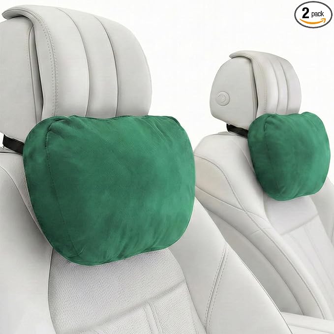 2PCS Car Pillow for Car Neck Pillow for Driving Seat Leather Neck Support Soft Cushion Back Support Head-Rests for Vehicle Sleeping with Elastic Adjustment Strap (Green, Head)