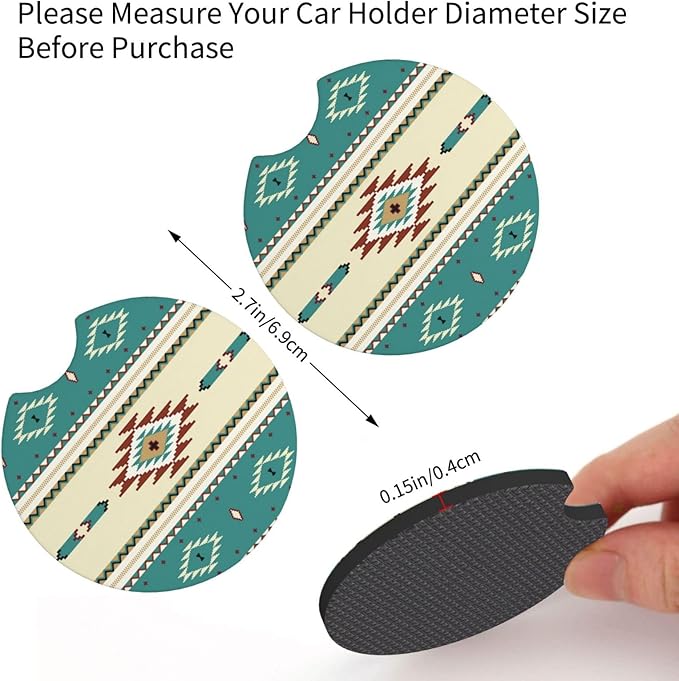 Rustic Western Aztec Steering Wheel Cover for Women Men with 2 Pcs Car Coasters, 15 Inches Neoprene Anti-Slip Cute Universal Car Accessories Protective Cover for Vehicle