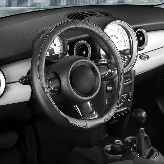 SEG Direct Steering Wheel Cover 14-14.25 inch (35.5-36 cm) Small Size, Microfiber Leather, Non-Slip Comfortable Grip, Fits Cars Prius Civic Model 3 Model Y Camaro, Black
