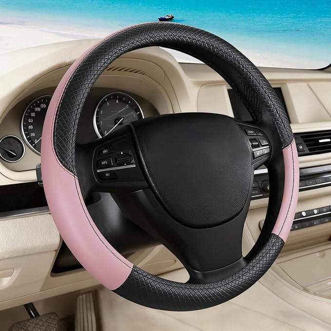 Black & Pink Car Steering Wheel Cover, Microfiber, Leather Patchwork, Universal 14.5-15 Inch Leather Anti-Slip Breathable Auto Steering Wheel Covers for Men Women