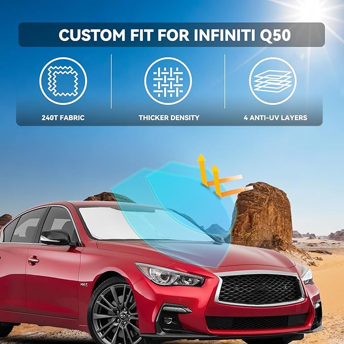 for Infiniti Q50 2014-2024 2025 Windshield Sun Shade - 4 Layers Car Sunshades Front Windows Shade Cover Custom Fit for Q50 Sun Visor 240T Retractable Shade Blocks UV Rays Car Accessories