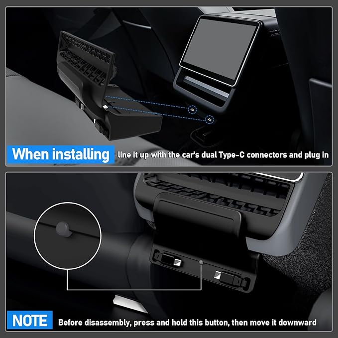 Rear USB Charger Hub for Tesla Model Y Juniper 2025,2026 Accessories- 4-Port Fast Charging Hub with Sliding Cover, 2 Type-C Docking Station for Tesla Model 3 Highland 2024-2026