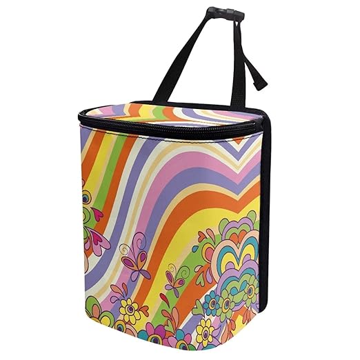 Colorful Hippie Butterfly Car Trash Can with Lid Hanging Trash Bag Leak-Proof Portable Garbage Bin Interior Car Organizer