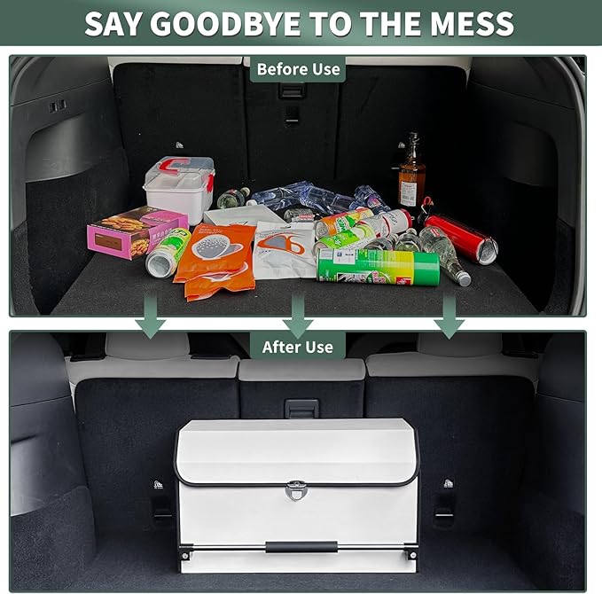 XCF Car Trunk Organizer, Leather Collapsible Trunk Organizer for suv with Lid and Push-pull Handle Car Trunk Storage Organizer for Cars, SUV, Minivan, Truck, Sedan (White)