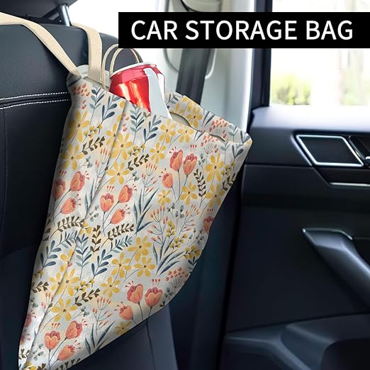 ABUIFDK Car Trash Can, Cute Car Trash Bag, Hanging Car Organizer and Storage Bag, Trash Bin for Car Accessories, Vehicle, Travelling, Camping Vintage Colorful Flowers