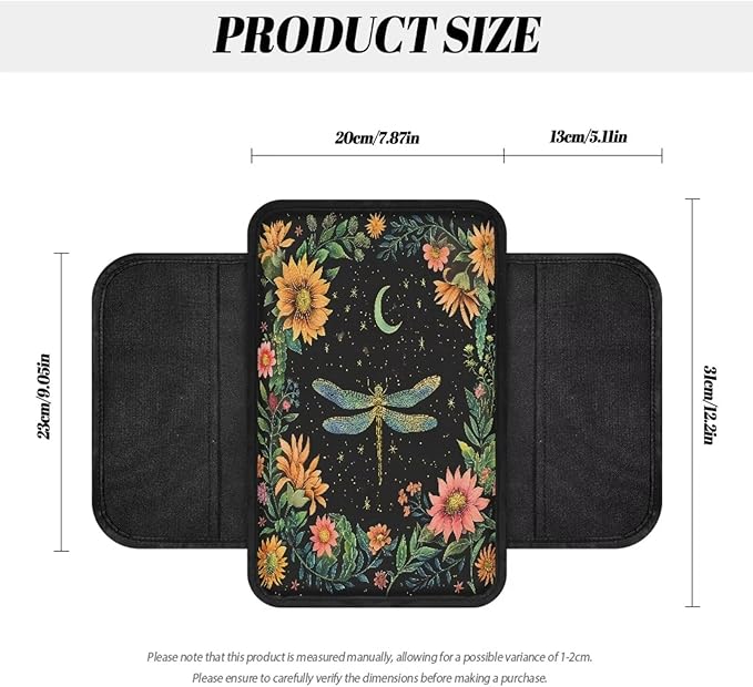 BIGCARJOB Art Dragonfly Print Armrest Pad with Pocket Universal Car Armrest Cover Center Console Pads Flower Dragonfly Print Car Armrest Storage Box Car Interior Accessories for Most Vehicles