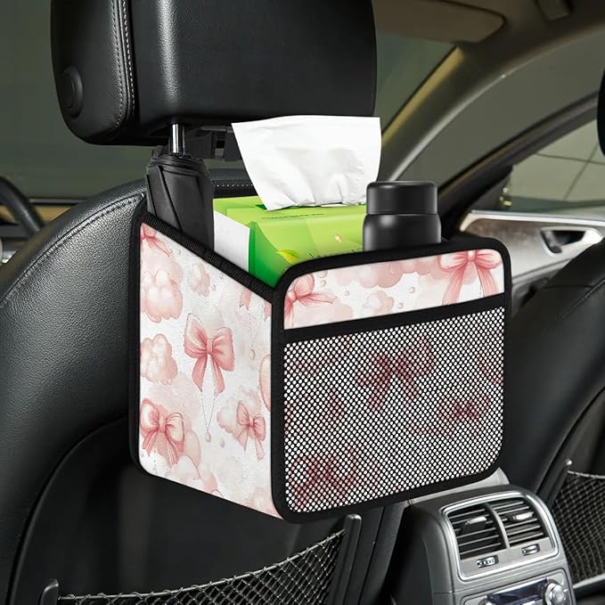 Pink Bows Clouds Car Backseat Organizer PU Leather Automotive Back Seat Storage Bag Universal Hanging Garbage Box Travel Accessories Foldable